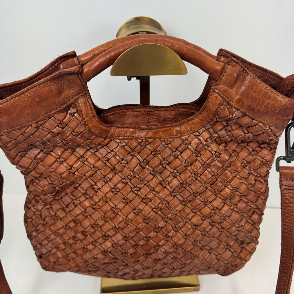 Vilenca Holland Woven Leather Crossbody Bag Cognac Brown Top Handle Tote - Picture 2 of 16